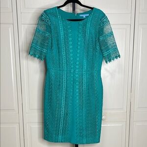 Antonio Melani Women’s Crochet Lace Sheath Dress Short Sleeve Teal Green Size 10